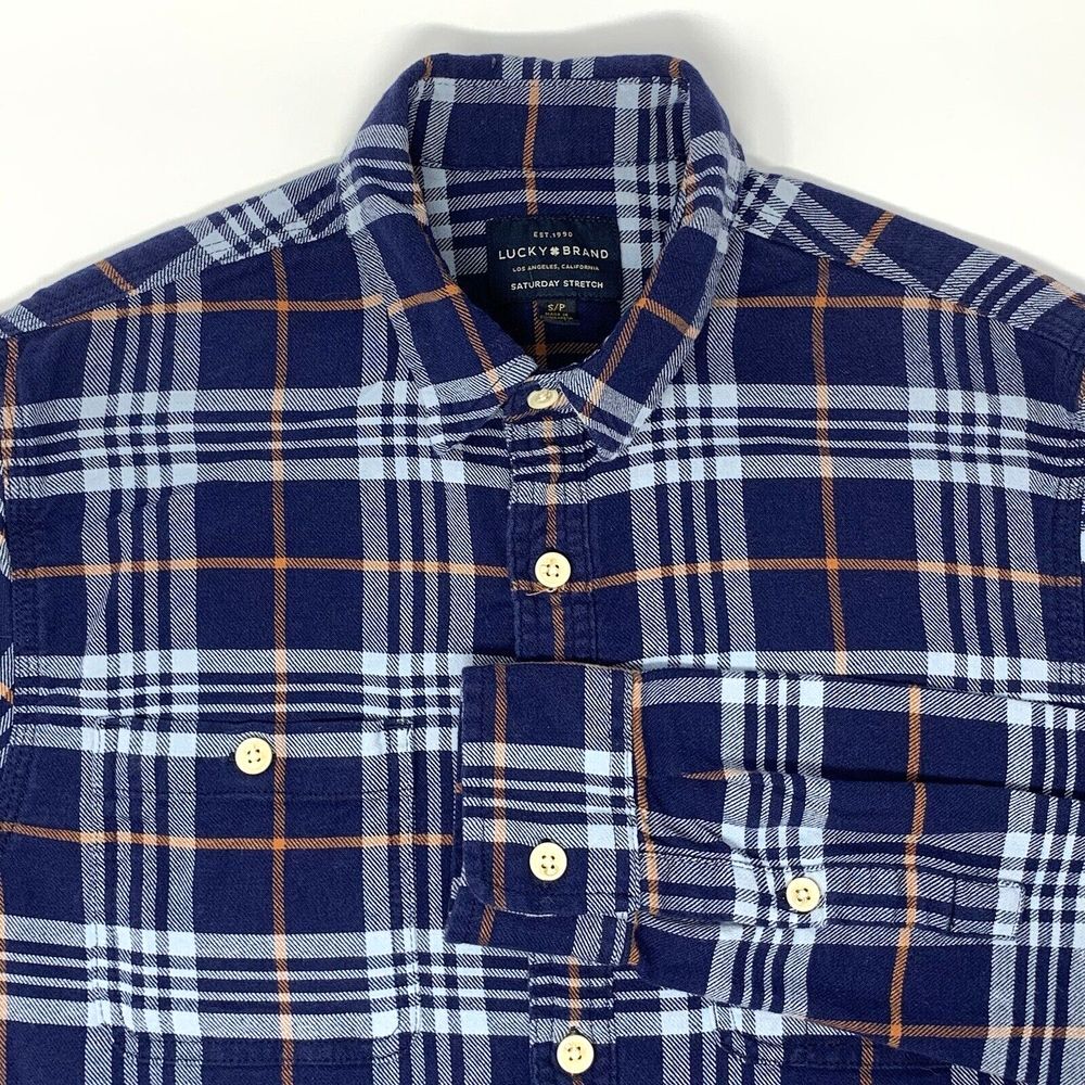 Lucky Brand Saturday Stretch Blue Plaid Flannel Long Sleeve Mens Shirt Size Sm